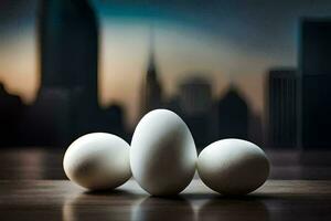three eggs on a table with a cityscape in the background. AI-Generated photo