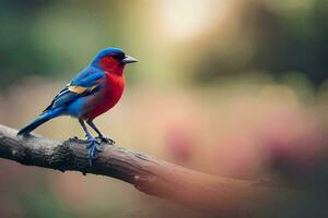 a colorful bird sits on a branch in front of a blurry background. AI-Generated photo