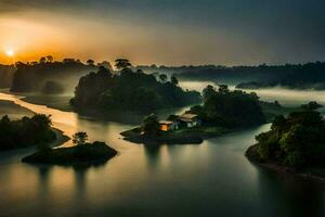 a small island in the middle of a river at sunrise. AI-Generated photo