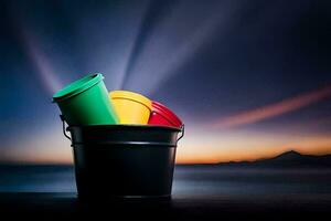 three colorful buckets sitting in a bucket on a beach. AI-Generated photo