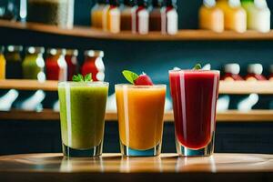 three different juices are sitting on a table. AI-Generated photo