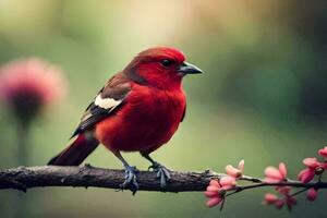 a red bird sitting on a branch with pink flowers. AI-Generated photo