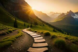 a path leads to the mountains at sunset. AI-Generated photo