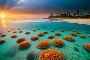 orange sea anemones on the beach at sunset. AI-Generated photo