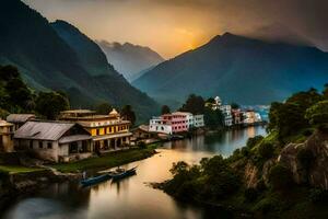 photo wallpaper the sky, mountains, river, house, sunset, house, river, house,. AI-Generated
