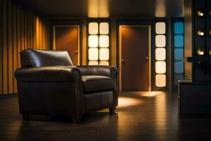 a leather chair in a dark room with lights. AI-Generated photo