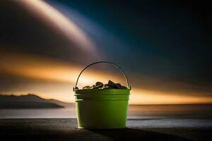 a green bucket with coins sitting on a table. AI-Generated photo