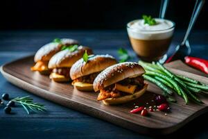 three sliders on a wooden tray with green beans and a cup of coffee. AI-Generated photo