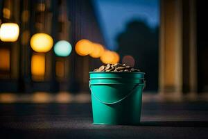 a bucket of nuts on the street. AI-Generated photo