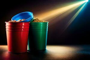 two red and green plastic cups with cereal in them. AI-Generated photo