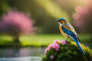 un pájaro es sentado en parte superior de un planta con rosado flores generado por ai foto