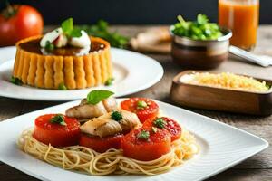 a plate of food with spaghetti, tomatoes and cheese. AI-Generated photo