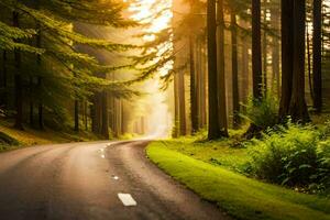 a road in the middle of a forest with trees. AI-Generated photo