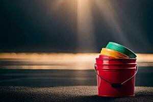 a red bucket with colorful plastic lids on it. AI-Generated photo