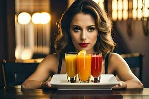 a woman holding a tray of juice. AI-Generated photo