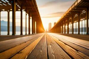 a long wooden pier with the sun setting behind it. AI-Generated photo