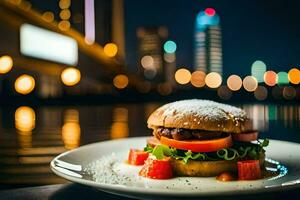 un hamburguesa es sentado en un plato con un ciudad horizonte en el antecedentes. generado por ai foto