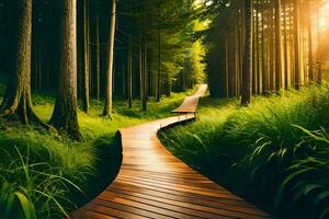 un de madera camino en el medio de un bosque. generado por ai foto