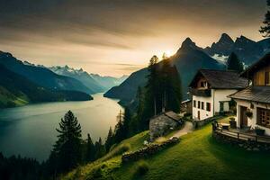 a house sits on the edge of a lake with mountains in the background. AI-Generated photo