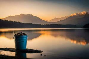 a bucket of nuts on the shore of a lake at sunset. AI-Generated photo