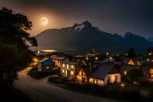 the moon is setting over a village and mountain range. AI-Generated photo