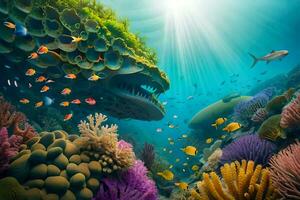 photo wallpaper sea, coral, fish, the ocean, the sun, the sky, the sea. AI-Generated