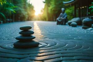 a zen garden with stones stacked on top of each other. AI-Generated photo