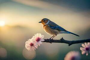 a bird sits on a branch with pink flowers. AI-Generated photo