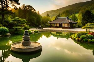 a japanese garden with a pond and pagoda. AI-Generated photo
