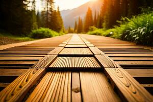 a wooden walkway in the mountains with the sun setting. AI-Generated photo