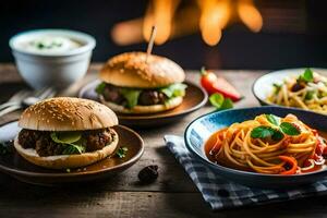 a table with hamburgers, spaghetti and other food. AI-Generated photo