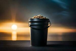 a bucket filled with gold coins on a table in front of the sunset. AI-Generated photo