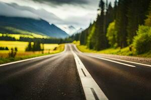a road in the mountains with trees and clouds. AI-Generated photo