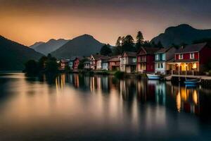 a lake and houses in the mountains at sunset. AI-Generated photo