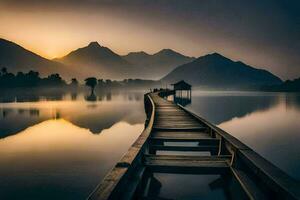 a wooden pier in the middle of a lake at sunrise. AI-Generated photo