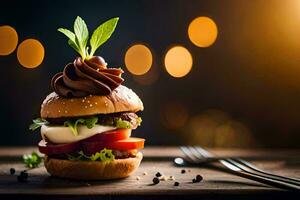 a hamburger with cheese and tomato on a wooden table. AI-Generated photo
