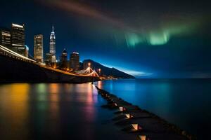 el Aurora borealis luces arriba el cielo terminado el ciudad. generado por ai foto