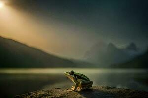 a frog sitting on a rock in front of a lake. AI-Generated photo