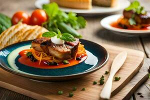a plate of food with meat and vegetables. AI-Generated photo