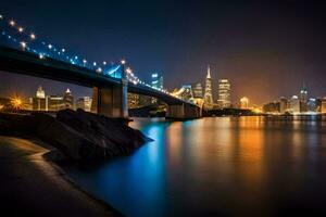 el ciudad horizonte a noche con luces en el puente. generado por ai foto