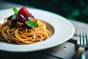 spaghetti with meat and strawberries on a plate. AI-Generated photo