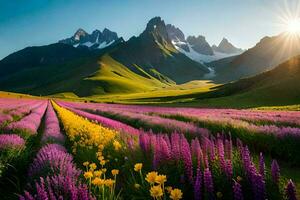 the sun shines over a field of flowers and mountains. AI-Generated photo