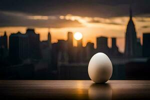 an egg sitting on a table in front of a city skyline. AI-Generated photo