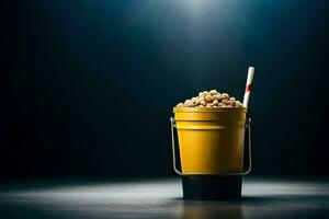 popcorn in a bucket with a straw. AI-Generated photo