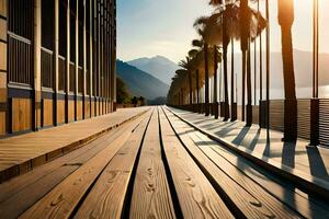 a long wooden walkway with palm trees in the background. AI-Generated photo