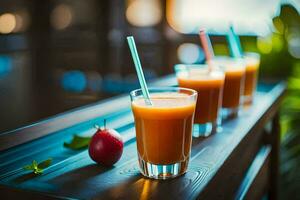 three glasses of juice with straws on a table. AI-Generated photo