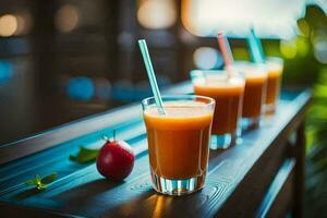 Tres lentes de jugo con pajitas en un mesa. generado por ai foto