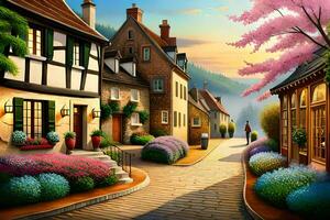 a painting of a street with flowers and houses. AI-Generated photo