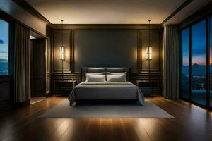 a bedroom with a large bed and wooden floors. AI-Generated photo