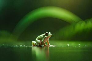 a frog sitting on the water with a green background. AI-Generated photo